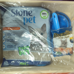 KIT MI PRIMER GATITO. CONTIENE PIEDRAS SANITARIAS, CAMITA, BOCADITOS, PALITA DE RESIDUOS Y PLATITO.